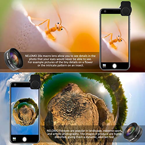 NELOMO Cellphone Camera lens 4 in 1 Phone Lenses Kit Compatible with Iphone XS XR X 8 Samsung Galaxy S9 S8 Huawei P20 P10 20X Macro Lens, 2.0X Zoom Telephoto Lens, 138°Wide Angle Lens, 198°Fisheye Len