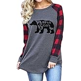 Geicyjiecy Womens Christmas Mama Bear Shirt Color Block Plaid Crewneck Pullover Sweatshirt Blouse Raglan Tunic Tops