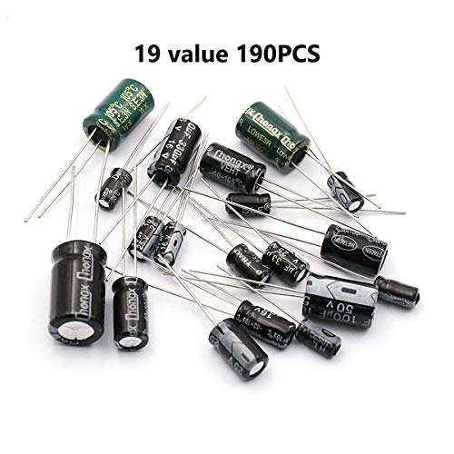 DaFuRui 190pcs 19 Values Total Electrolytic Capacitor Assortment Box Kit Range 1uF to 1000uF Capacitor Set