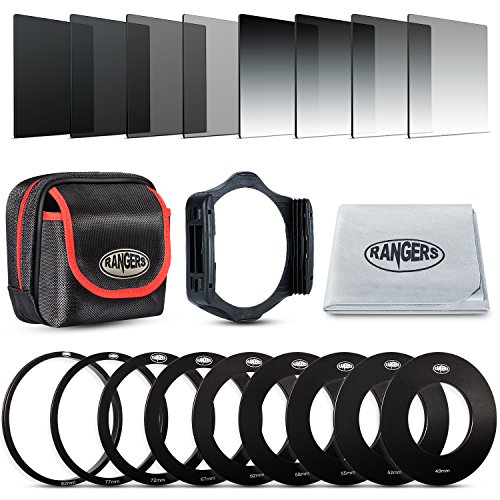 Rangers 8pcs ND Filter kit (Full and Graduated ND2, ND4, ND8, ND16 Filters, Optics) and 9 Filter Adaptors Ring (49-82mm) and 1 ABS Adaptor Holder + Carrying Case + Lens Cleaning Cloth