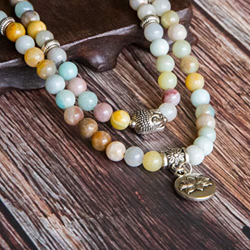 Bivei 108 Mala Beads Bracelet - Genuine Gemstone Mala Prayer Beads Lotus Charm Meditation Necklace-Amazonite