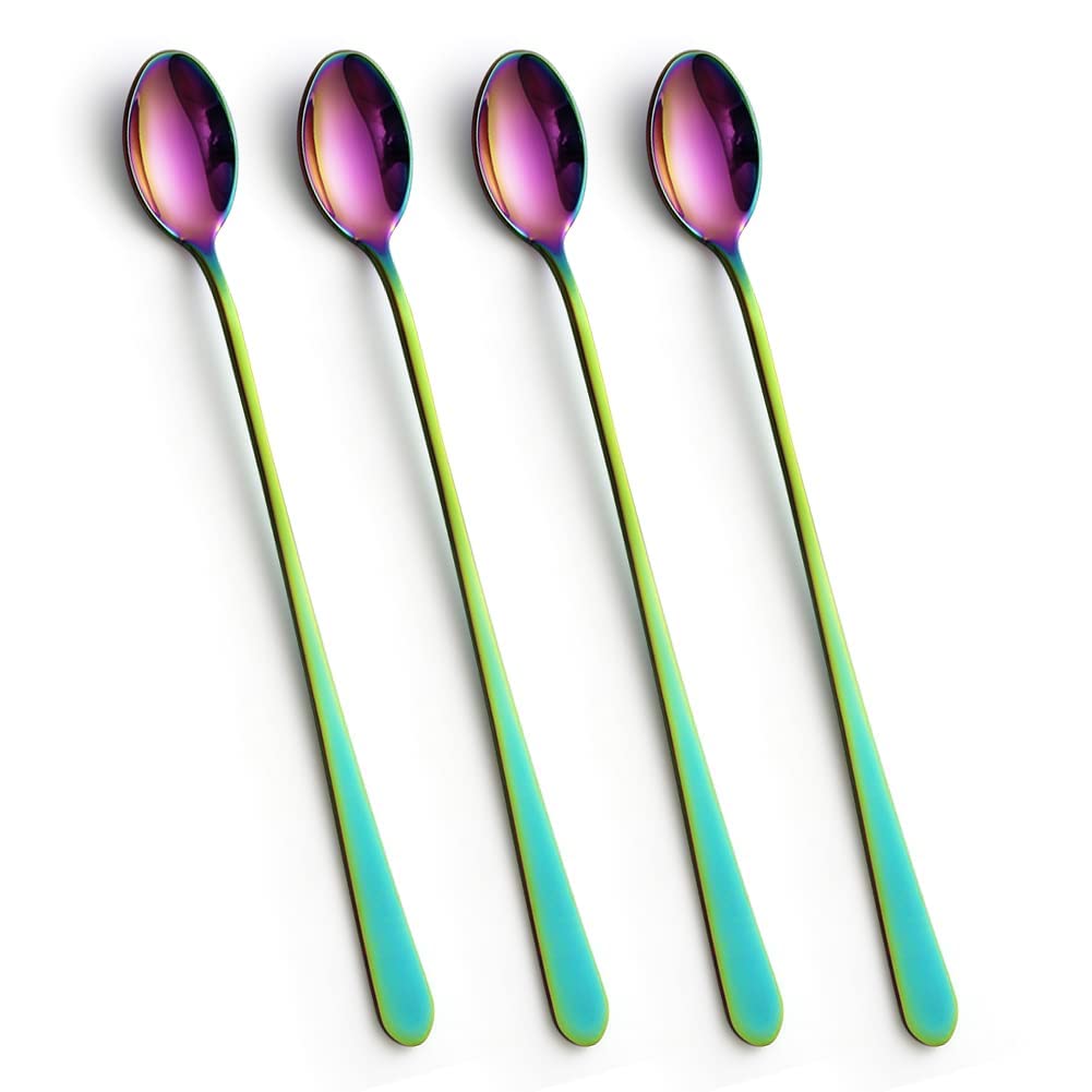 Latte Spoons, Set of 4 Long Handle Spoons, Stainless Steel Coffee Spoons Tea Spoon Ideal for Latte Coffee, Espresso, Hot Chocolate, Hot Drinks, Dessert & Ice Cream Sundae - 9inch(Rainbow Color)