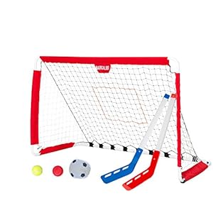 Soccer Goal and Pitchback – 3 in 1 Sports Net with Soccer Ball, Pitchback Ball, Hockey Puck & Hockey Sticks