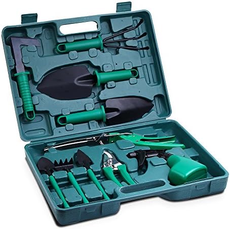sanwo Garden Tools Set | 10 Pieces Gardening Gifts with Trowel Pruner Rake Shovel Grass Shear Watering, Hand Tool with Storage Case - for Men &amp; Women