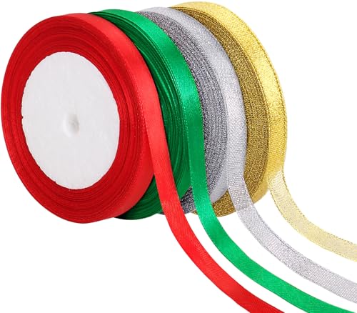 Tsorode 4 Rolls 100 Yards Christmas Ribbon for Gift Wrapping,3/8 Inch Glitter and Satin Ribbons,Thin Christmas Ribbon for Crafts DIY Holiday Xmas Decorations