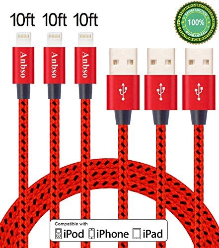 Anbso 3Pack 10FT Lightning USB Cable Nylon Braided Sync Data and Charging Cable Cord for iPhone 7/7 plus/6/6s/6 plus/6s plus, 5c/5s/5/SE, iPad /Touch (red black)