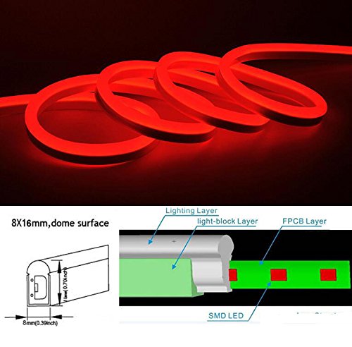 LED Strip Neon Rope Light 30 Ft 12V Red Jacket Red Light LED Neon Flex Tube Waterproof, Accessories Included - Ideal For Indoor Outdoor Rope Lighting Holiday Decoration Valentines Party Lighting (Red)