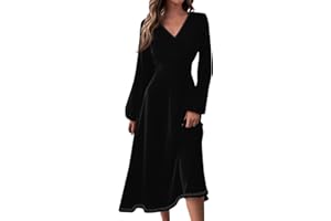 SGSOACO Fall Dresses for Women 2024 Midi Wrap V Neck a Line Flowy Casual Elegant Dress Puff Long Sleeve Cocktail Party Dresses