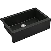 Karran 34" Farmhouse Apron-Front Quartz Composite Kitchen Sink, Single Bowl, Black, Deep 9" Basin, Heat Scratch & Stain Resis