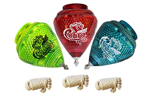 3 Pack JUMBO COBRA Durable Plastic Spin Tops & Metal Tip Made in Mexico - Trompo Mexicano Jumbo Cobra Plástico Durable & Punta de Metal (Pack of 3 Assorted Colors)