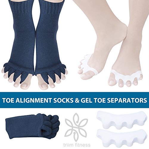Triim Fitness Toe Separator Yoga Gym Sports Massage Socks for Foot Alignment, Great for Sore Feet and Diabetics with Free Exercise Guide! (Gray-Toes)