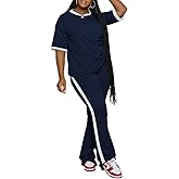 PINSV 2 Piece Sets for Women Summer Casual Short Sleeve Top and Flare Pants Lounge Sets