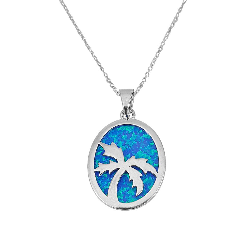 Kiara Jewellery 925 Sterling Silver Blue Lab Opal Oval Disc & Palm Pendant Necklace on 18" Sterling Silver Trace Or Curb Chain. Rhodium Plated.