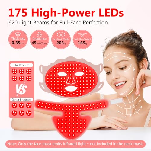 USUIELIGHT LED Light Therapy Face Mask, 7 Colors LED Face and Neck Mask with Red Light Lamp for Anti-Aging, Acne and Skin Toning, Professional Care