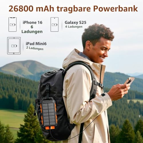 Solar Powerbank 26800mAh, PD22.5W Tragbare Solar Ladegerät USB C Externer Akku Outdoor Wasserdichtes mit LED-Licht und 3 Ausgängen für Smartphones Tablets Camping