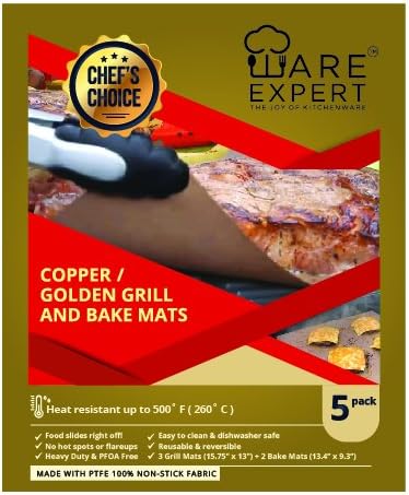 WareExpert Grill Mat | Set of 5 | Non-Stick Grilling Mats Copper Cookware & Bakeware | Reusable and Easy to Clean | PFOA Free | Perfect for gas, charcoal, infrared and electric grills