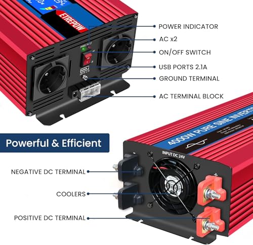 ETREPOW 4000W Converter 24v 220v Pure Sine Transformer-2 EU AC & USB Sockets, Wireless Remote Control and LCD Screen Inverter for Solar Systems, Car, Camping, Travel