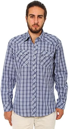 Maximos Italy Mens Plaid Long Sleeve Western Shirts with Pearl Snaps in 15 Color Combinations