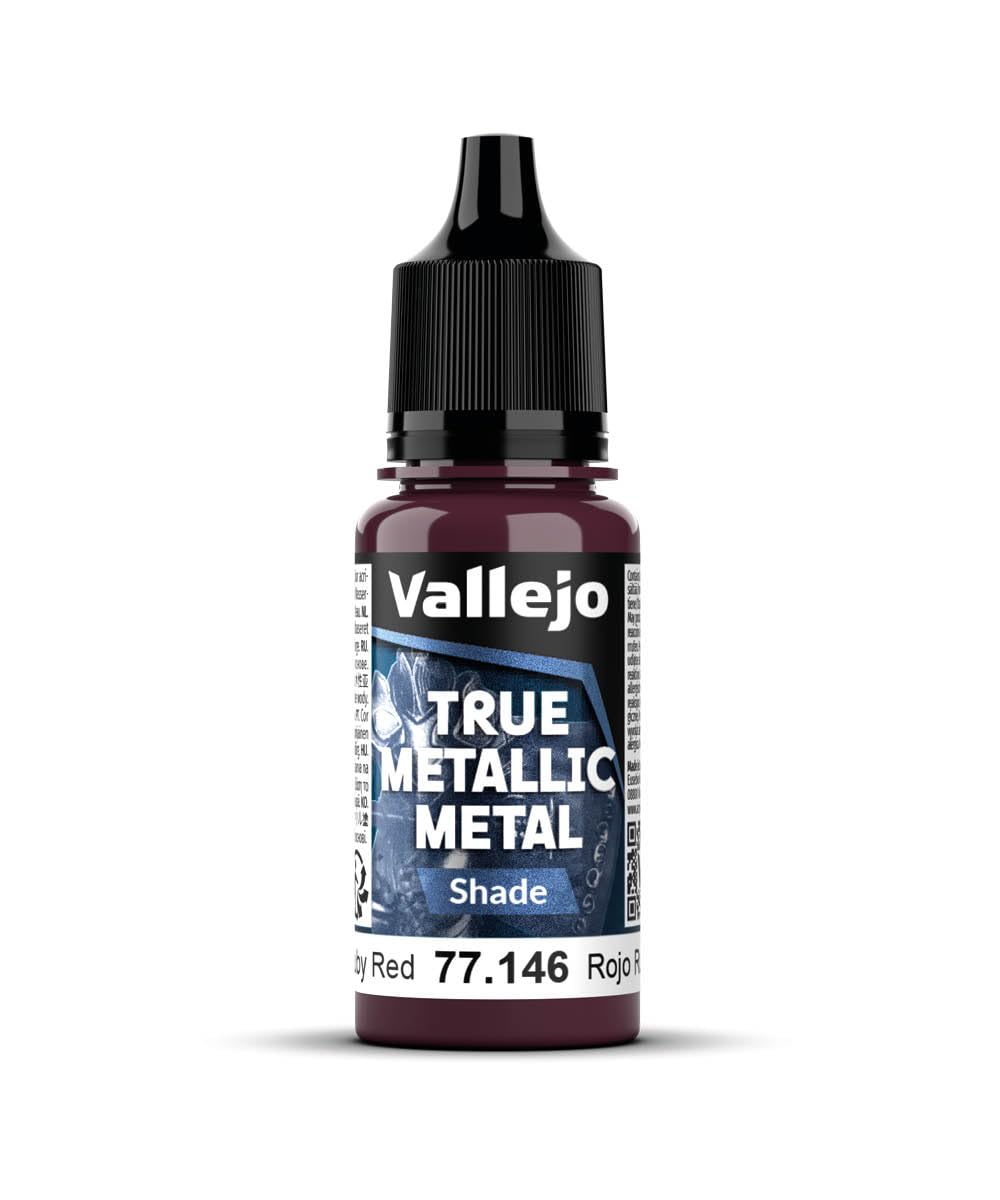 Vallejo True Metallic Paint Ruby Red 18ml, Brilliant Finish for Blending and Gradients, Ideal for Brush Application, Long-Lasting in Dropper Bottle