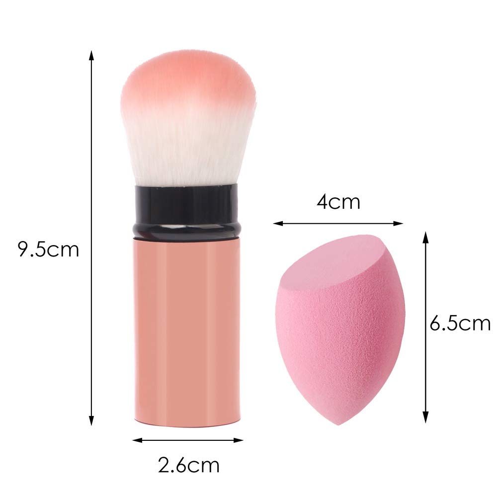 Retractable Makeup Brush, 1pcs Portable Face Blush Brush with 1pcs Makeup Sponge Pink Travel Powder Brush with Cover Cosmetics Make Up Tool: Beauty