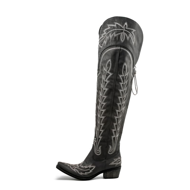Photo 1 of Atuelang Wide Calf Cowboy Boots for Women Thigh High Cowgirl Boots Embroidered Pointed Toe Block Heel Pull-On Lace Up Adjustable Fancy Tall Western Over The Knee Boots Black Size 9