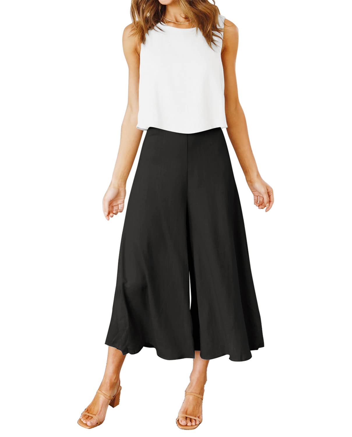 Photo 1 of ROYLAMP Women's Summer 2 Piece Outfits Round Neck Crop Basic White Top Cropped Black Wide Leg Pants Set Jumpsuits XS