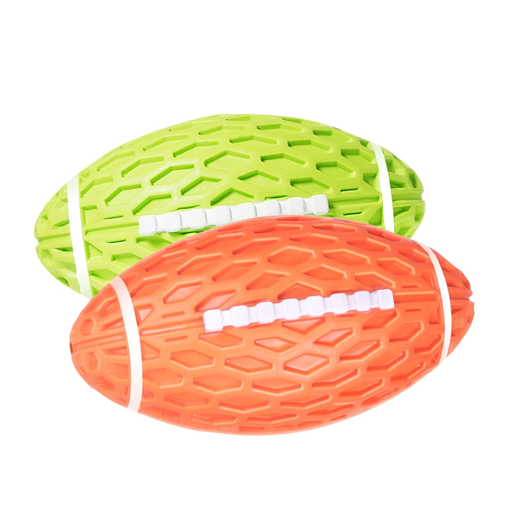 AUSCAT 2PCS Dog Rugby Ball, Squeaky Dog Ball for Small Medium Dogs, Dog Rugby Ball Toy, Green and Orange, Small, 4.1"/10.4 cm — image 1