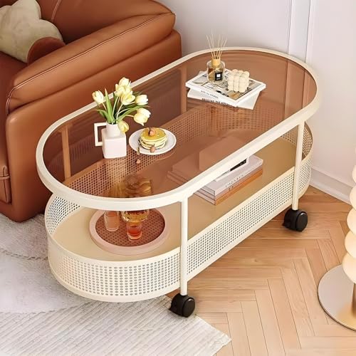 ALISMAEEL Coffee Table Movable Round Side Table 2-Tier End Table with Braked Universal Wheels, Open Double-Layer Storage Scratch-resistant High-temperature, Easy-to-clean Glass (60 * 40 * 50 cm)