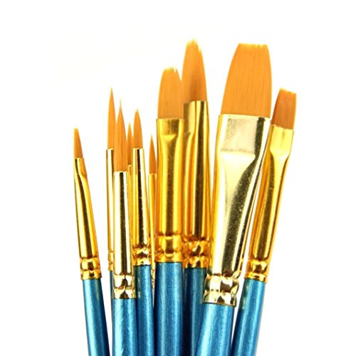 KingWo 10Pcs Artists Paint Brush Set Acrylic Watercolor Round Pointed Tip Nylon Hair