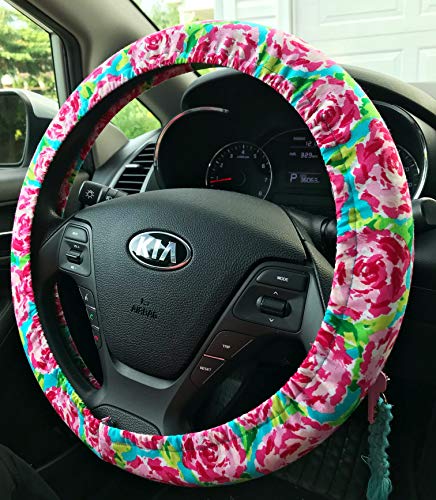 Steering Wheel Cover | Girly Steering Wheel Covers | Handmade Gifts | Lily Inspired Pink Aqua Floral