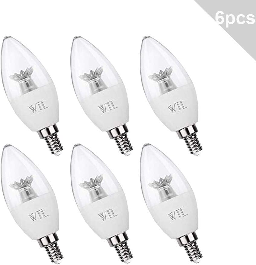 WTL E12 Candelabra LED Bulbs 6 Pack, 60W Equivalent (6W), 4000K Cool White, 550Lm Non-Dimmable, for Chandelier B11 Ceiling Fan Bulb