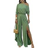CHICME Women Summer 2 Piece Outfits Off Shoulder Batwing Sleeve Top Flowy Slit Wide Leg Pants Sets Trave Matching Set