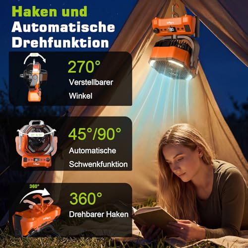 lollyes 20000 mAh Camping Fan Battery with Light, 0-100 Levels Adjustable Outdoor Fan with Spray Function and Remote Control, Quiet Table Fan with Timer, 360° Hook for Tent Fishing