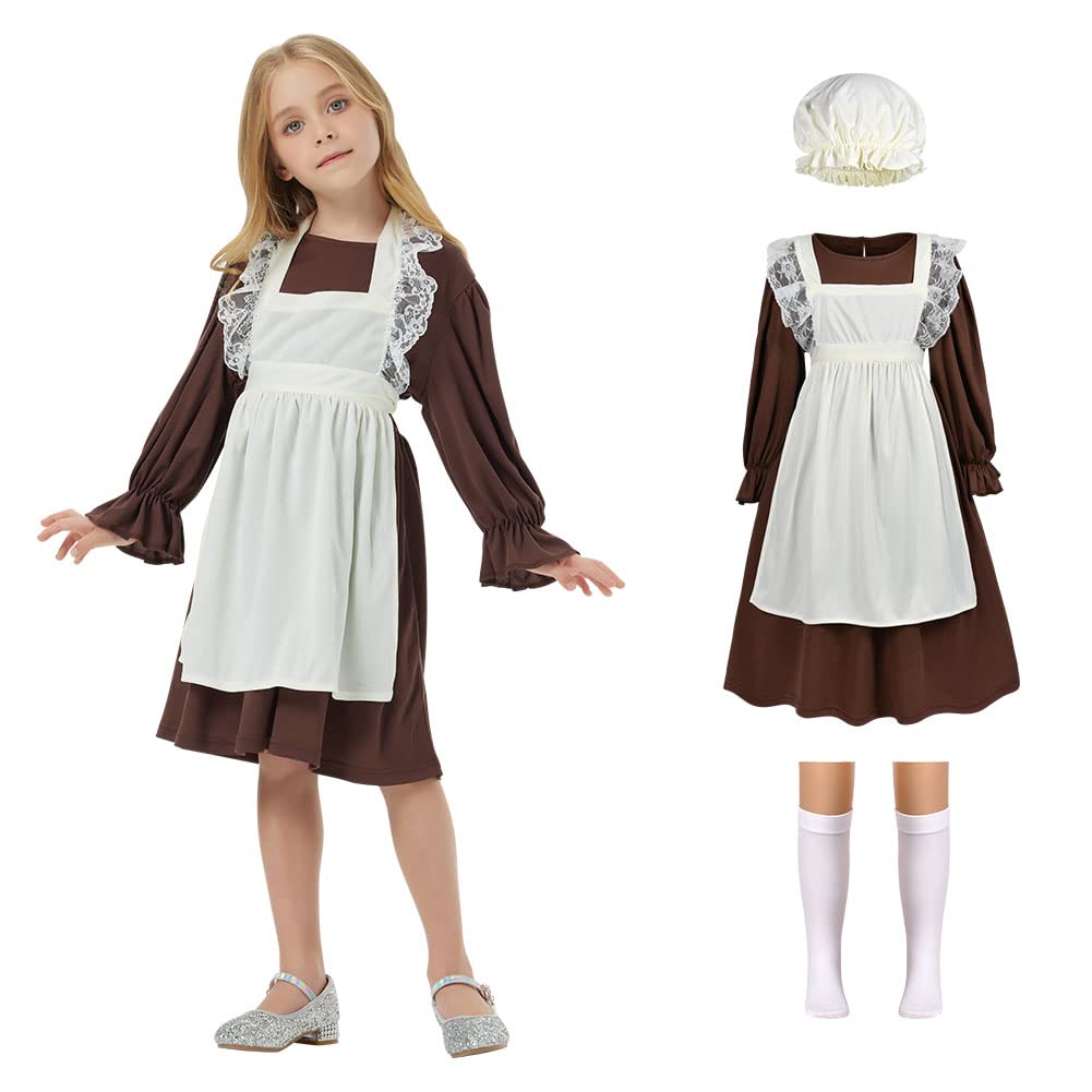 AOMIG Victorian Maid Costume Girls, Village Medieval Dress w/ Mop Cap & White Socks, Kids Poor Girl Outfit Fancy Dress Costumes Halloween Cosplay, World Book Day, Brown, XL (C2-XL-Br230324-FBA)