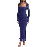 REORIA Long Sleeve Wedding Guest Maxi Dresses for Women Sheer Mesh Square Neck Ruched Bodycon Long Dress 2026 Spring Outfits