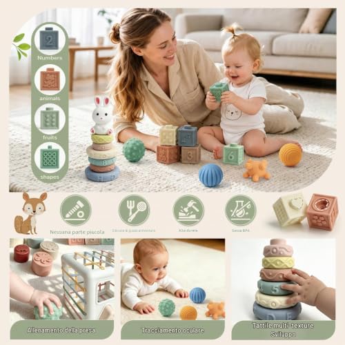 Anook Baby Toys 6-9-12 Months, 6 in 1 Montessori Games 6 Months | Sensory Toys for Babies with Stacking Games, Tissue Box, Shape Cubes to Sort, Newborn Gift 6-12 Months
