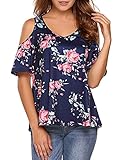 Sherosa Women's Floral Print Cut Out Shoulder Short Sleeve T Shirt Tops Blouse (XXL, Navy Blue)