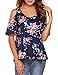 Sherosa Women's Floral Print Cut Out Shoulder Short Sleeve T Shirt Tops Blouse (XXL, Navy Blue)