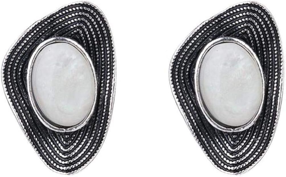 Round Silver Stud Earrings with Synthetic White Opal,Geometri Clip On Earring,Vintage Antique Style Jewelry