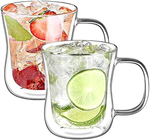 ecooe 2x350ml Double Walled Coffee Glasses Mugs Cappuccino Latte Macchiato Glasses Cups with Handle Borosilicate Heat Resistant Glass Cups for Coffee Tea Milk Juice Ice Cream