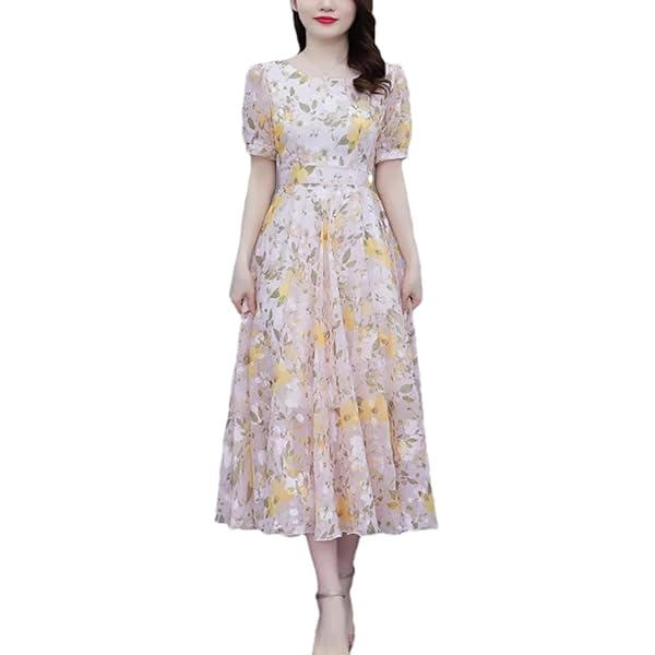 white christmas dresses Korean Style] Pink Puff Sleeve Ruffled Chiffon Short Midi Dress – Ordicle main image 0