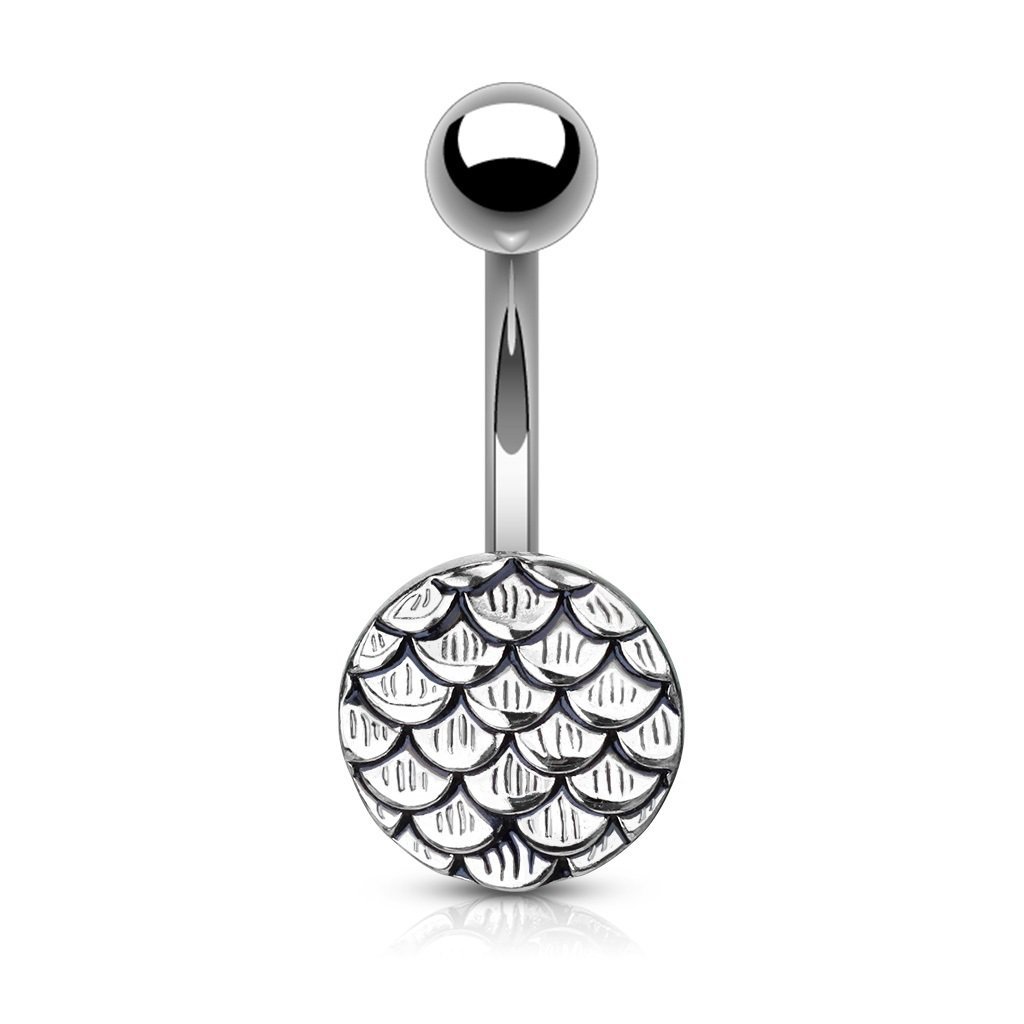 PiercedOff 316L Surgical Steel Belly Bar with Casted Steel Fish Scales
