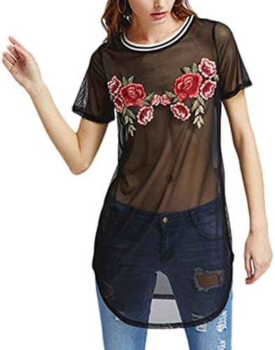 LiyongSIIIT Sexy Club Dress NEW Mesh Dress Womens Short Sleeve Black Embroidered Rose Patch Sheer Mesh Dress