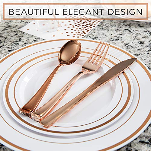 SIRSIMON 250 Piece Disposable Rose Gold Plastic Dinnerware Set 50