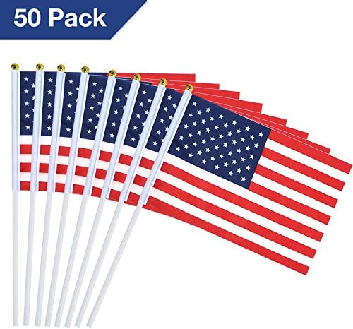 AOSTAR 4th of July decorations American Stick Flags with Ball Tip 5.5" x 8.2", Pack of 50 US Flags for Parades, Holidays &amp; Giveaways
