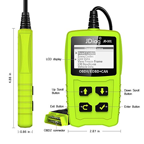 JDiag JD101 OBD2 Code Reader Auto Car Scanner Check Engine Diagnostic Tool Erase Fault Codes Suitable for EOBD Vehicles with Battery Testing Function