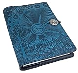 Genuine Leather Refillable Journal Cover + Hardbound Blank Insert - 6x9 Inches | Roof of Heaven, Sky Blue With Pewter Button - Made in the USA by Oberon Design