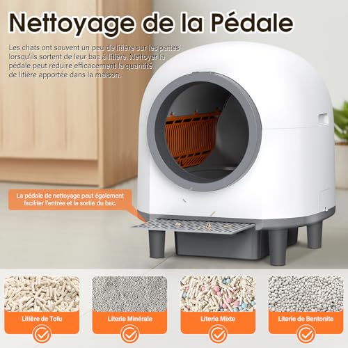 RWSRW Litiere Chat Autonettoyante, 80L Bac à Litière à Nettoyage Automatique par APP et 9 Capteurs, Automatique avec Contrôle pour Les Grands Chats (Blanc)