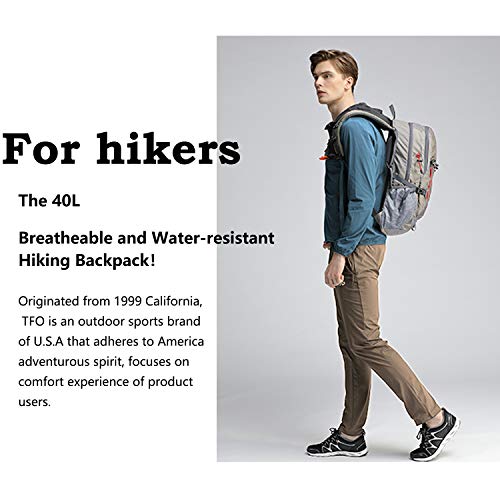 TFO 40L Hiking Backpack Daypack with 4 Adjustable Compression Straps Water Resistant S-Shape Shoulder Strap Gray - Thumbnail 2