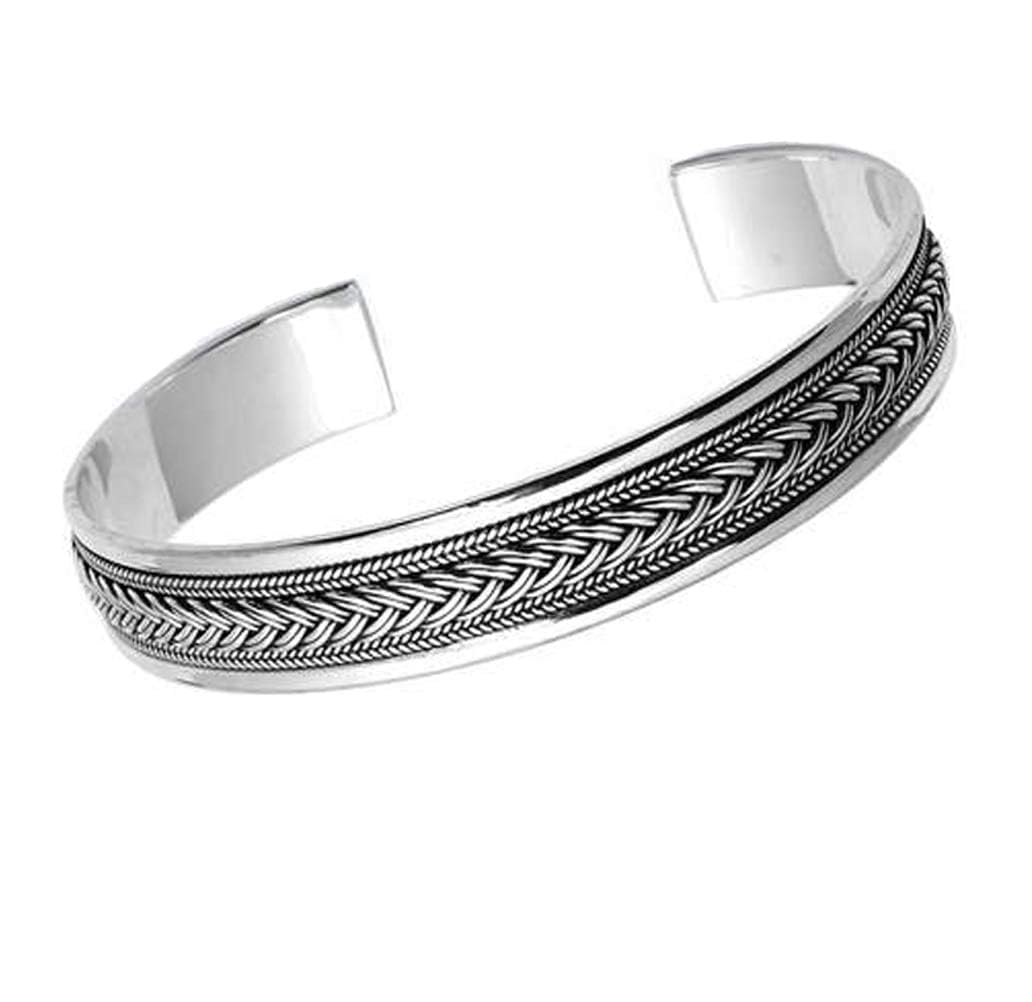 Treasure Bay Handmade Men's 925 Sterling Silver Bangle Bracelet | Solid Silver Cuff with Intricate Braided Design | Adjustable 18.5cm-22cm